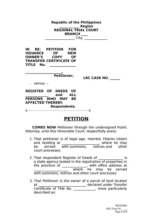 Petition For Issuance Of New Owners Copy Of Transfer Certificate Of