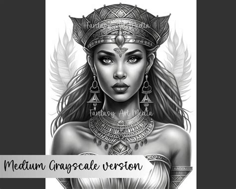 Egyptian Goddess Grayscale Adult Coloring Page Light Medium Etsy