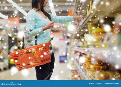 Customer With Basket At Grocery Or Supermarket Stock Image Image Of