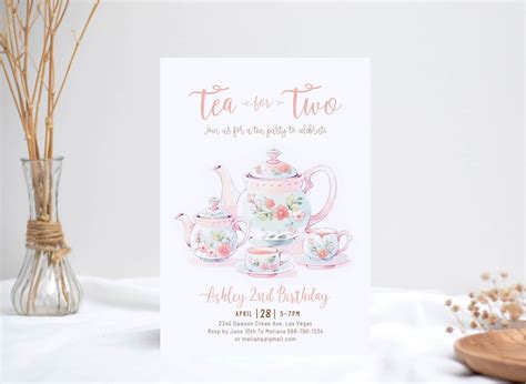 Editable Tea For Two Birthday Invitation Tea For Two 2nd Birthday Party Pink Blue Floral