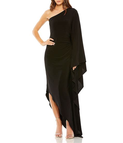 Mac Duggal One Shoulder Ruched Detail Cape Sleeve Asymmetrical Hemline