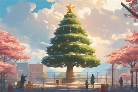 Premium Photo | Photo landscape christmas tree with anime watercolor style