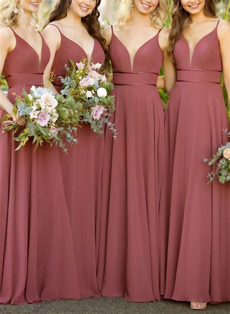 A Line V Neck Floor Length Chiffon Bridesmaid Dresses With Pleated