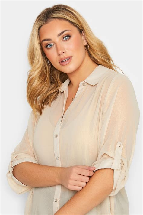 Curve Plus Size Nude Sheer Shimmer Button Up Shirt Yours Clothing