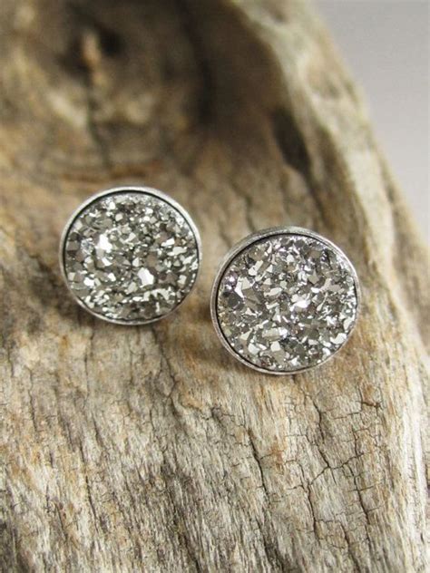 Silver Druzy Stud Earrings Drusy Quartz Rhodium Plated Etsy Druzy