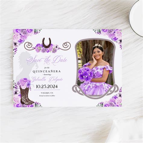 EDITABLE Lilac Western Save The Date Quinceanera Birthday Photo Mis