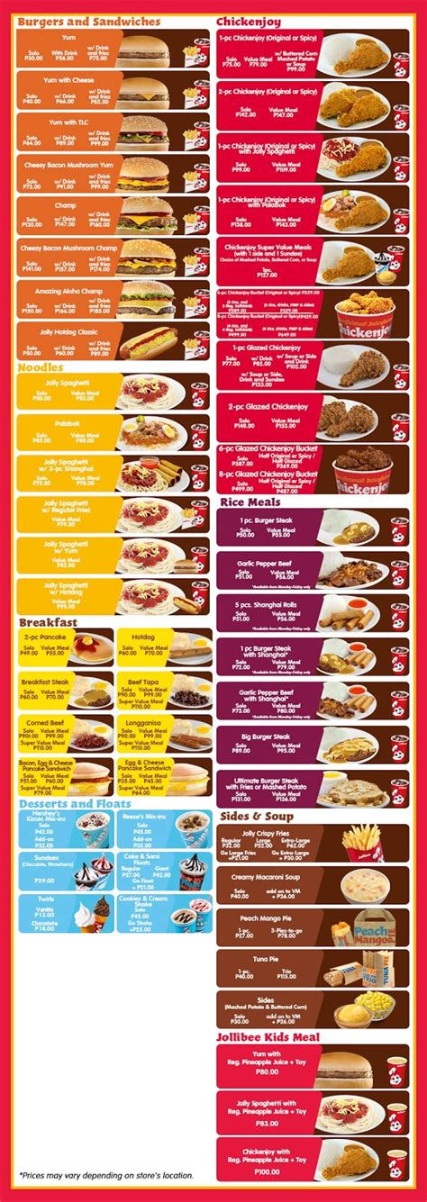 Jollibee Menu In-Store Prices