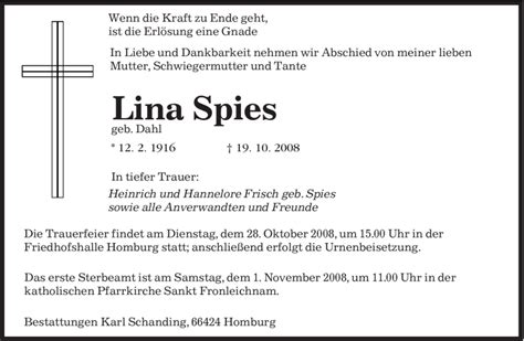 Traueranzeigen Von Lina Spies Saarbruecker Zeitung Trauer De