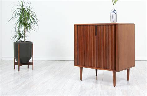 Mid Century Modern Tambour Door Walnut Cabinet By Barzilay At Stdibs