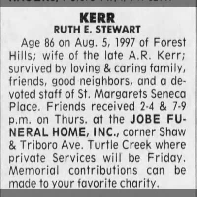 Obituary For RUTH E KERR STEWART Aged 86 Newspapers