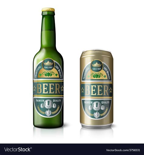 Green Beer Bottle And Golden Can With Labels Vector Image