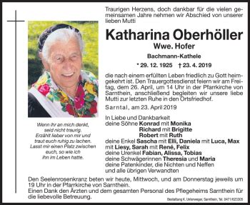 Traueranzeigen Von Katharina Hofer Trauer Bz