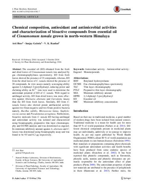 Pdf Chemical Composition Antioxidant And Antimicrobial Activities Of