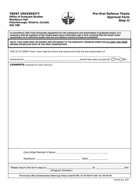 TRENT UNIVERSITY Pre Oral Defence Thesis Approval Form Step II Trentu