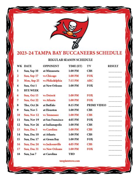 Tampa Bay Bucs Schedule Printable Sela Wynnie