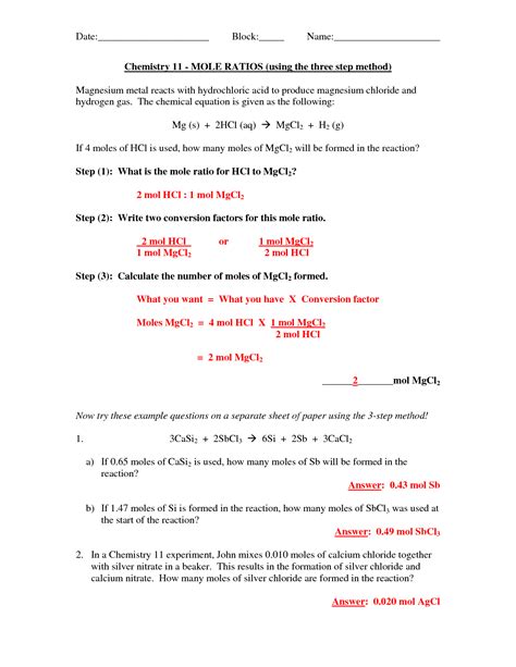 Molar Ratio Practice Problems Answer Key