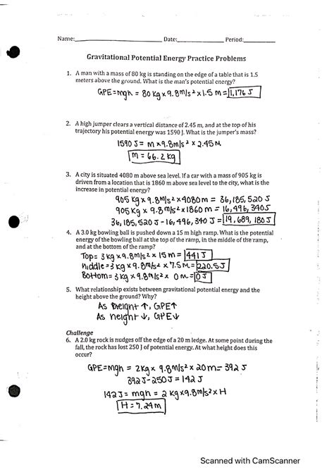 Gravitational Potential Energy Practice Problems Answer Key Name