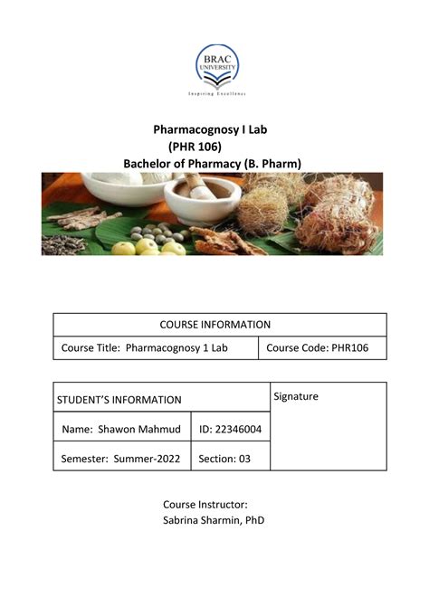 Phr 106 Lab 002 Pharmacognosy I Lab Phr 106 Bachelor Of Pharmacy B