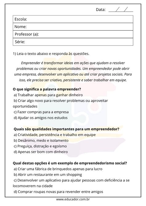 Atividade De Empreendedorismo Para Imprimir - Atividade sobre empreendedorismo para imprimir - Educador