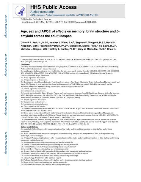 Pdf Age Sex And Apoe ε4 Effects On Memory Brain Structure And β