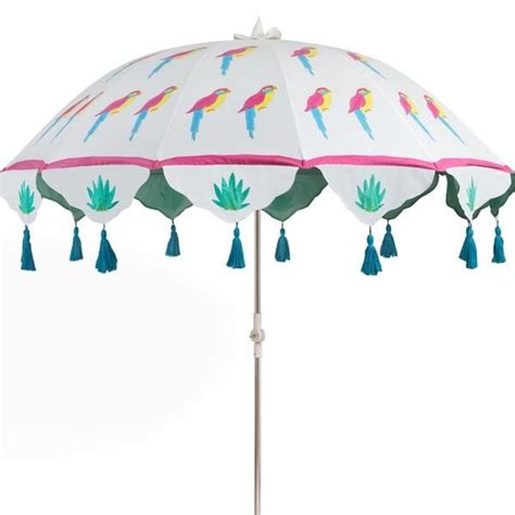 East London Parasol Company 2m David Garden Umbrella Cotton Parrot Block Print With Tassels On