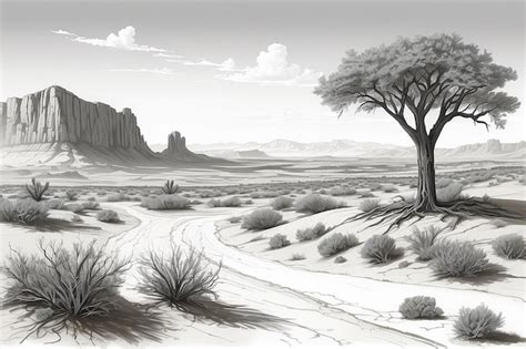 Premium Photo A Drawing Of A Desert Landscape With A Tree In The Middle