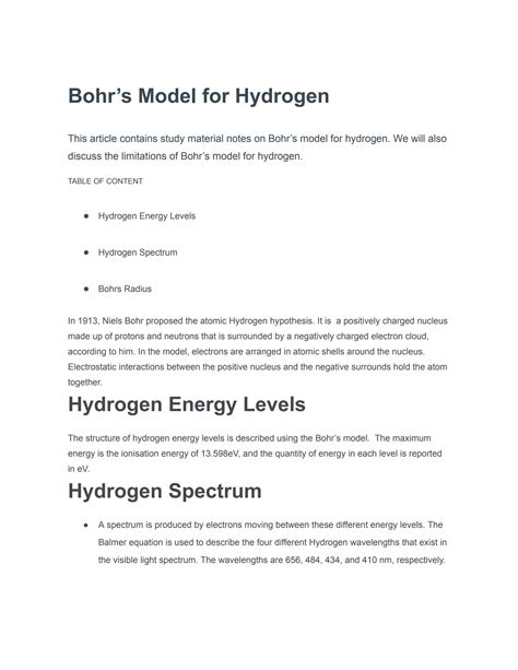 SOLUTION: Bohr s model for hydrogen - Studypool