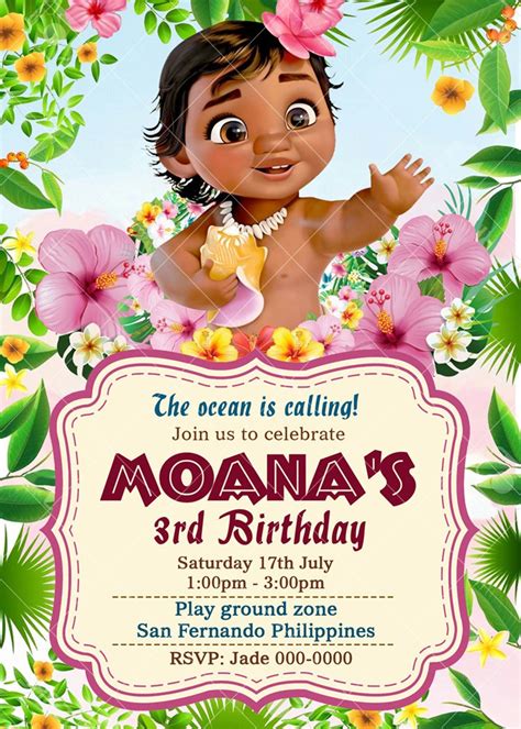 Baby Moana Birthday Party Invitation X Or X Free Backside