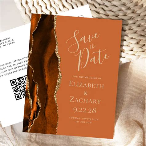 Rust Gold Agate Burnt Orange Qr Code Save The Date Announcement