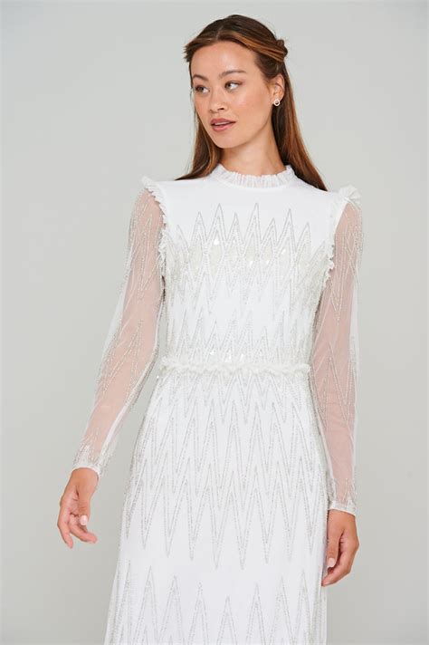 Dolores White Zigzag Embellished Long Sleeve Maxi Dress Frock And Frill