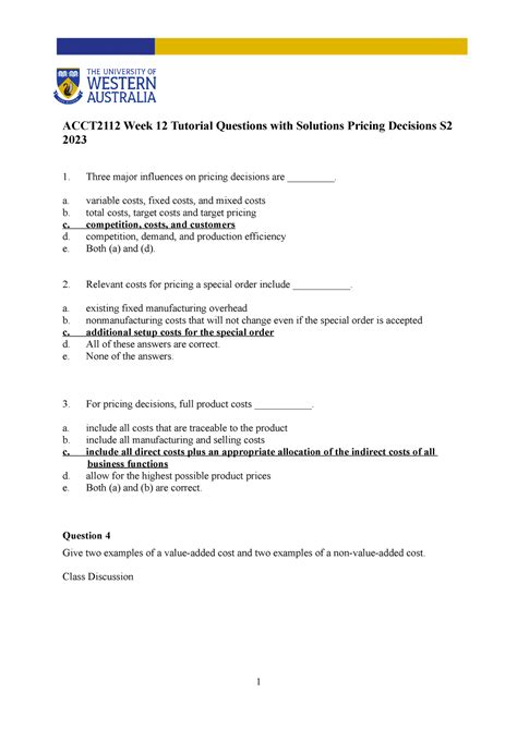 12a ACCT2112 Week 12 Tute Q S Pricing Decisions S2 2023 ACCT2112