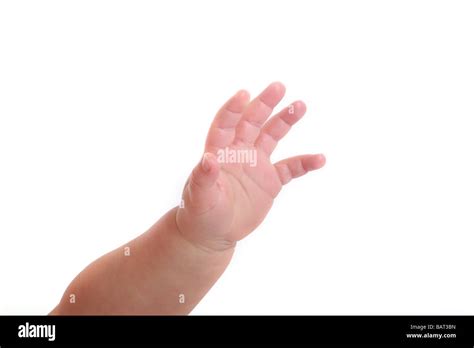 Baby Babys Hand Reaching Out White Background Close Up Soft Skin Stock