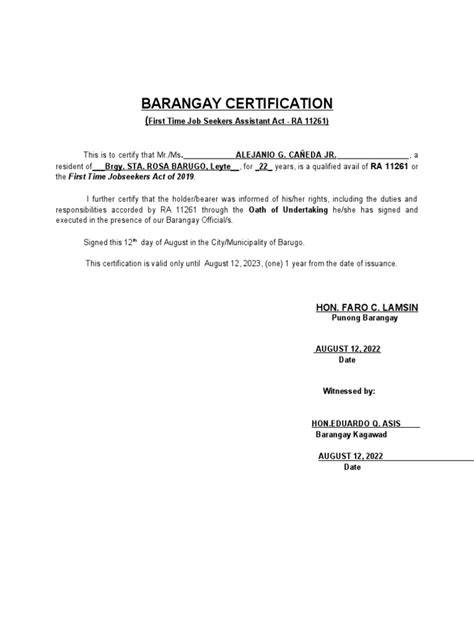 Barangay Certification Template Pdf