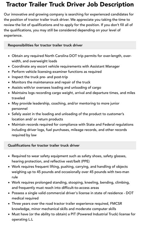 Tractor Trailer Truck Driver Job Description Velvet Jobs