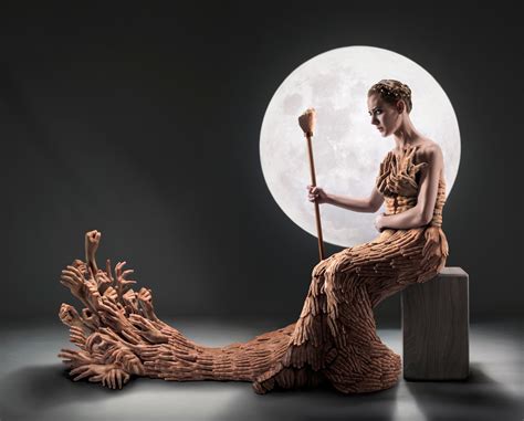 Wallpaper Women Model Sitting Wood Moon Sculpture Statue Art