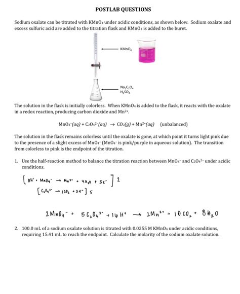 Solved Postlab Questions Sodium Oxalate Can Be Titrated With