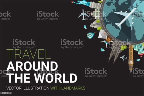 Around The World Flat Design Postcard Illustration Stock Illustration