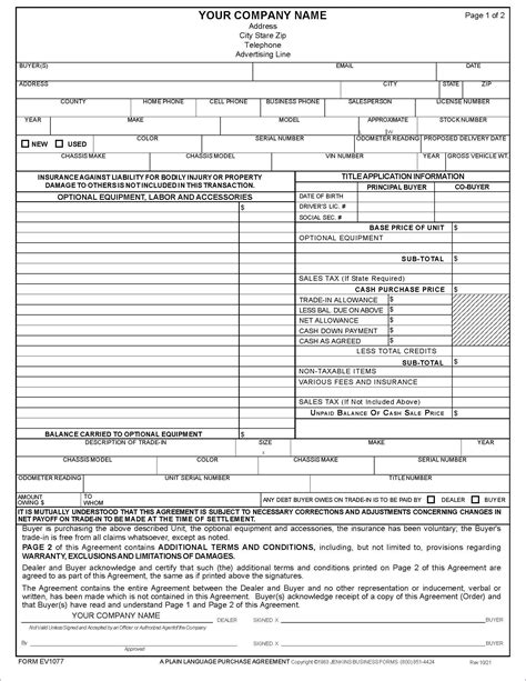 EV1077 Fillable PDF Recreational Vehicle Purchase Agreement JB Forms