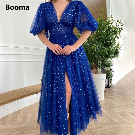 Booma Cobalt Blue V Neck Prom Dresses Mid Puff Sleeves Starry Tulle