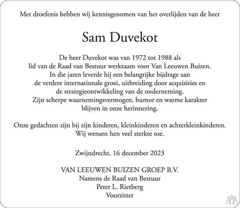 Samu L Sam Duvekot Overlijdensbericht En Condoleances