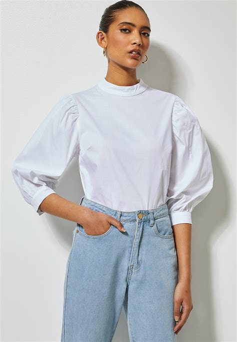 High Neck Puff Sleeve Blouse White Superbalist Blouses Superbalist