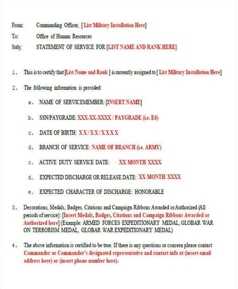 statement  service army   service letter formats statement