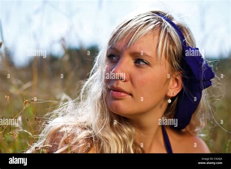 Blonde Girl`s Portrait On Field Stock Photo Alamy