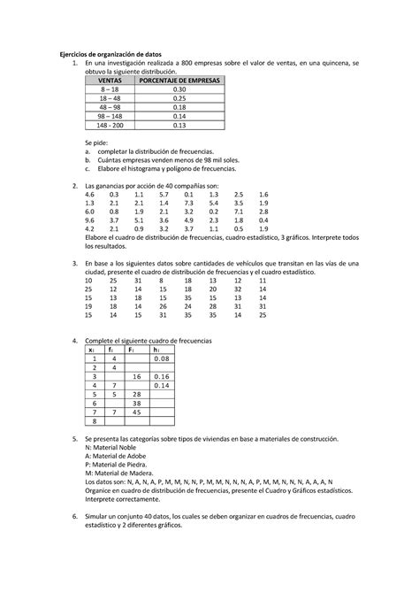 Ejercicios de organización y analisis de datos Trabajo Ejercicios de