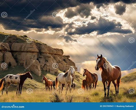 Ai Generated Illustration Wildlife Concept of Wild Horse Herd Horses Storm Cloud Stock ...