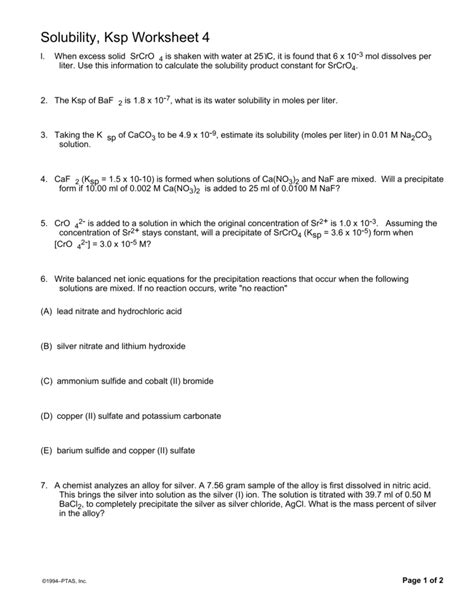 Solubility Ksp Worksheet 4