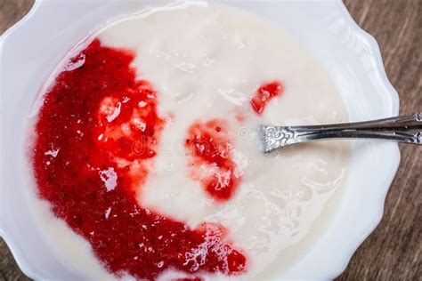 Homemade Yogurt With Strawberry Jam On A Wooden Dark Background Stock Image Image Of Dessert