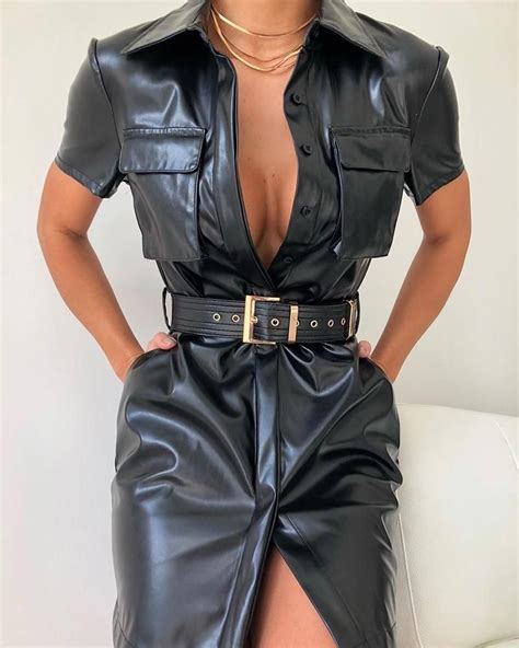 Solid Pu Leather Dress Women Short Sleeve Turn Down Collar Shirt Dress Sexy Belted Party Dresses