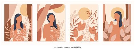 Set Abstract Female Leaves Silhouettes Boho Stock Vector Royalty Free