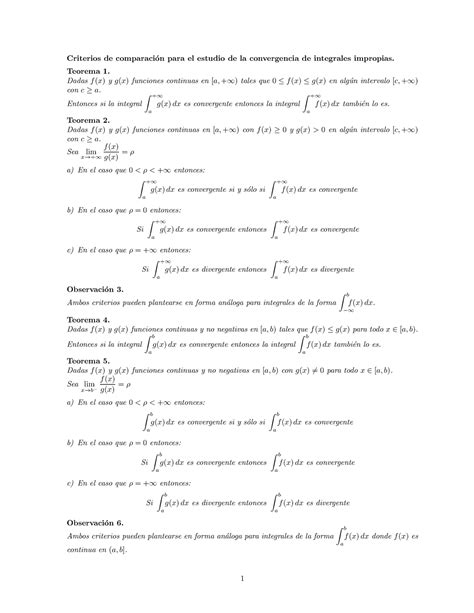 Teorema comparación Criterios de comparaci on para el estudio de la